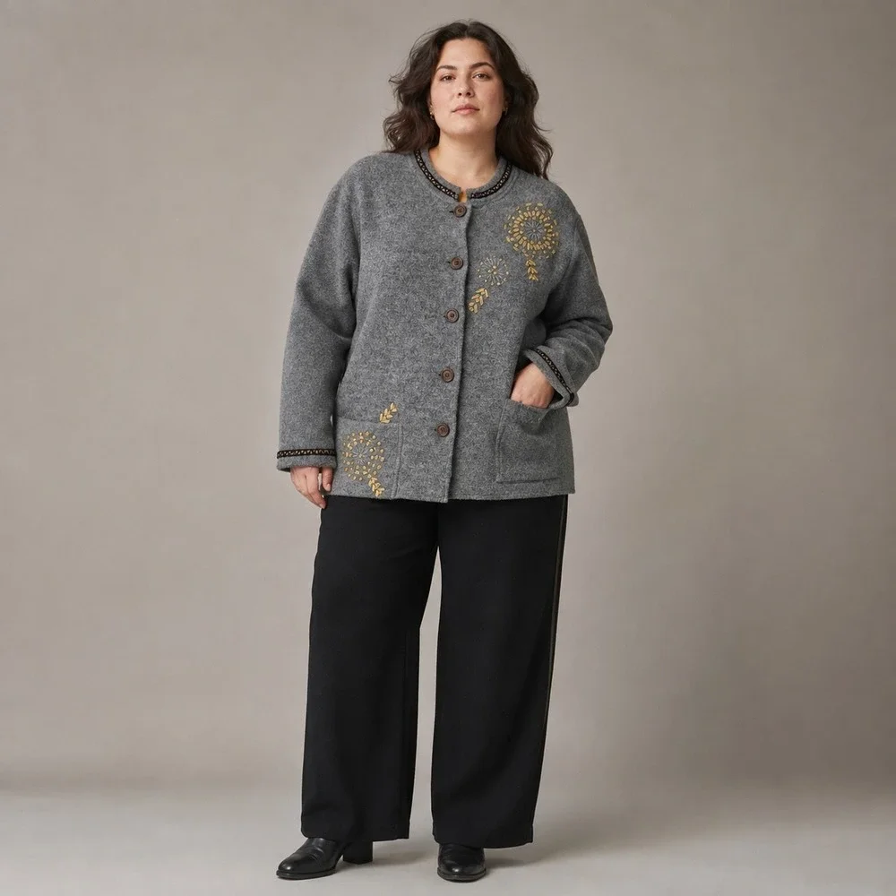 Ruby Rd Woman Gray Boiled Wool Jacket Studded Embroidered Button Front Plus 2X